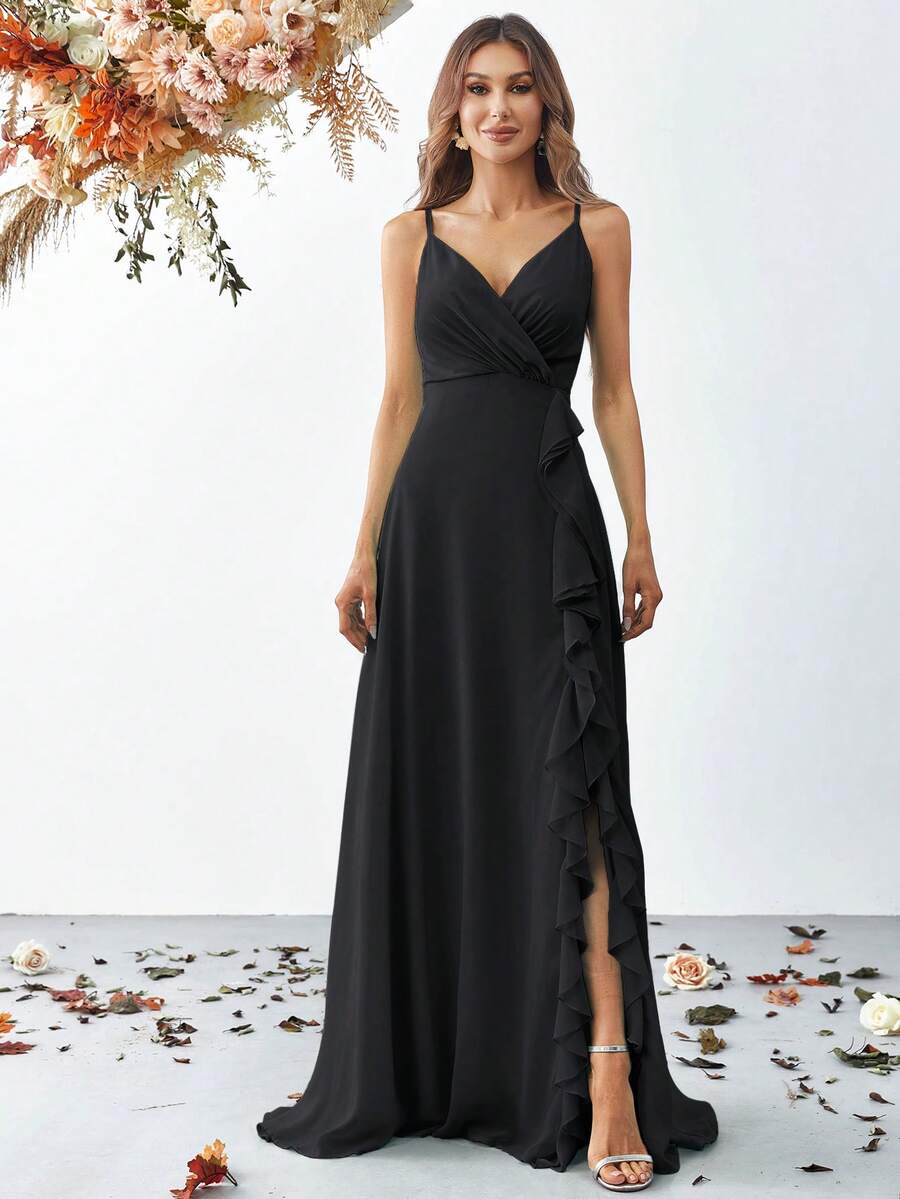 Ruffle Hem Slit Strap Dress, Elegant Bridesmaid Gown - Black - View 1