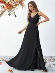 Ruffle Hem Slit Strap Dress, Elegant Bridesmaid Gown - Black - View 3
