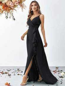 Ruffle Hem Slit Strap Dress, Elegant Bridesmaid Gown - Black - View 6