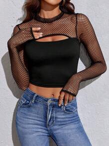 SHEIN Tall 拼接漁網前鏤空短款上衣 - 黑色 - 查看 1