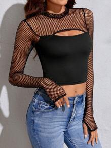 SHEIN Tall 拼接漁網前鏤空短款上衣 - 黑色 - 查看 5