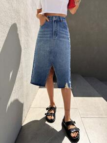 DAZY Ripped Split Hem Denim Skirt