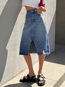 DAZY Ripped Split Hem Denim Skirt