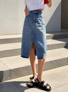 DAZY Ripped Split Hem Denim Skirt