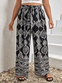 SHEIN VCAY 大碼幾何印花腰帶闊腿褲 - 黑色 - 查看 1