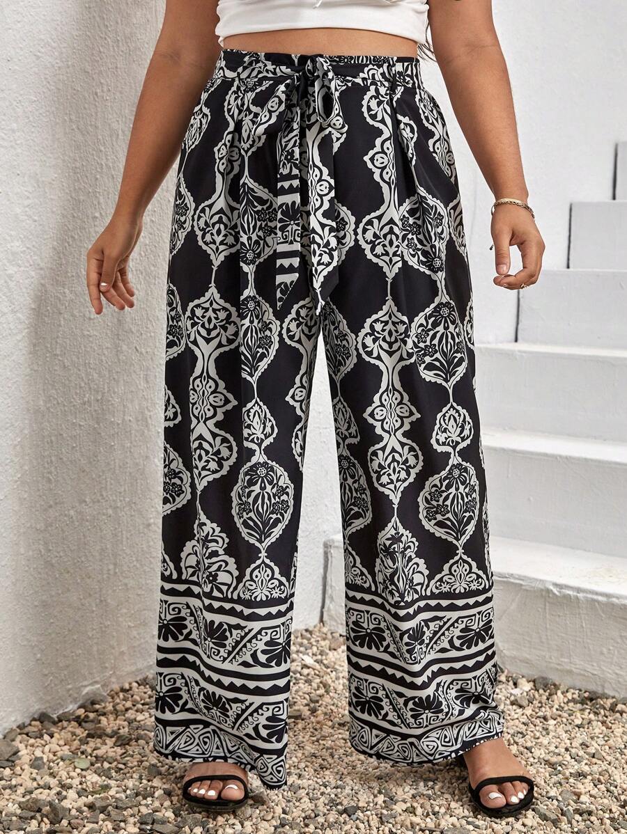 SHEIN VCAY 大碼幾何印花腰帶闊腿褲 - 黑色 - 查看 1