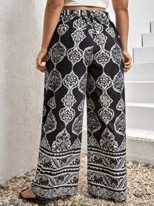 SHEIN VCAY 大碼幾何印花腰帶闊腿褲 - 黑色 - 查看 2