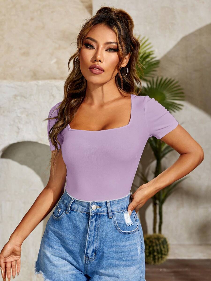 SHEIN PETITE 方領素色T恤 - 紫丁香色 - 查看 1