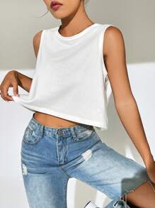 SHEIN EZwear Áo khoác và áo lót dành cho xe tăng nữ Cao thấp màu trơn Giải trí - trắng - Xem 3