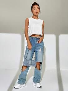 SHEIN EZwear Áo khoác và áo lót dành cho xe tăng nữ Cao thấp màu trơn Giải trí - trắng - Xem 5