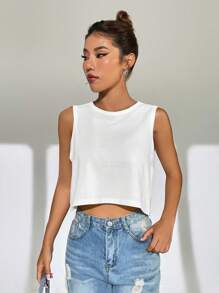 SHEIN EZwear Áo khoác và áo lót dành cho xe tăng nữ Cao thấp màu trơn Giải trí - trắng - Xem 6