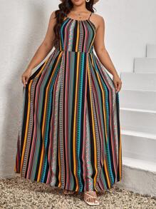 SHEIN VCAY 大碼條紋和幾何圖案吊帶連衣裙 - 彩色 - 查看 6