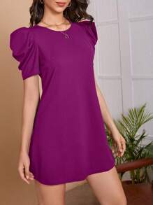 SHEIN Clasi Vestido unicolor de manga farol - Morado - Ver 3