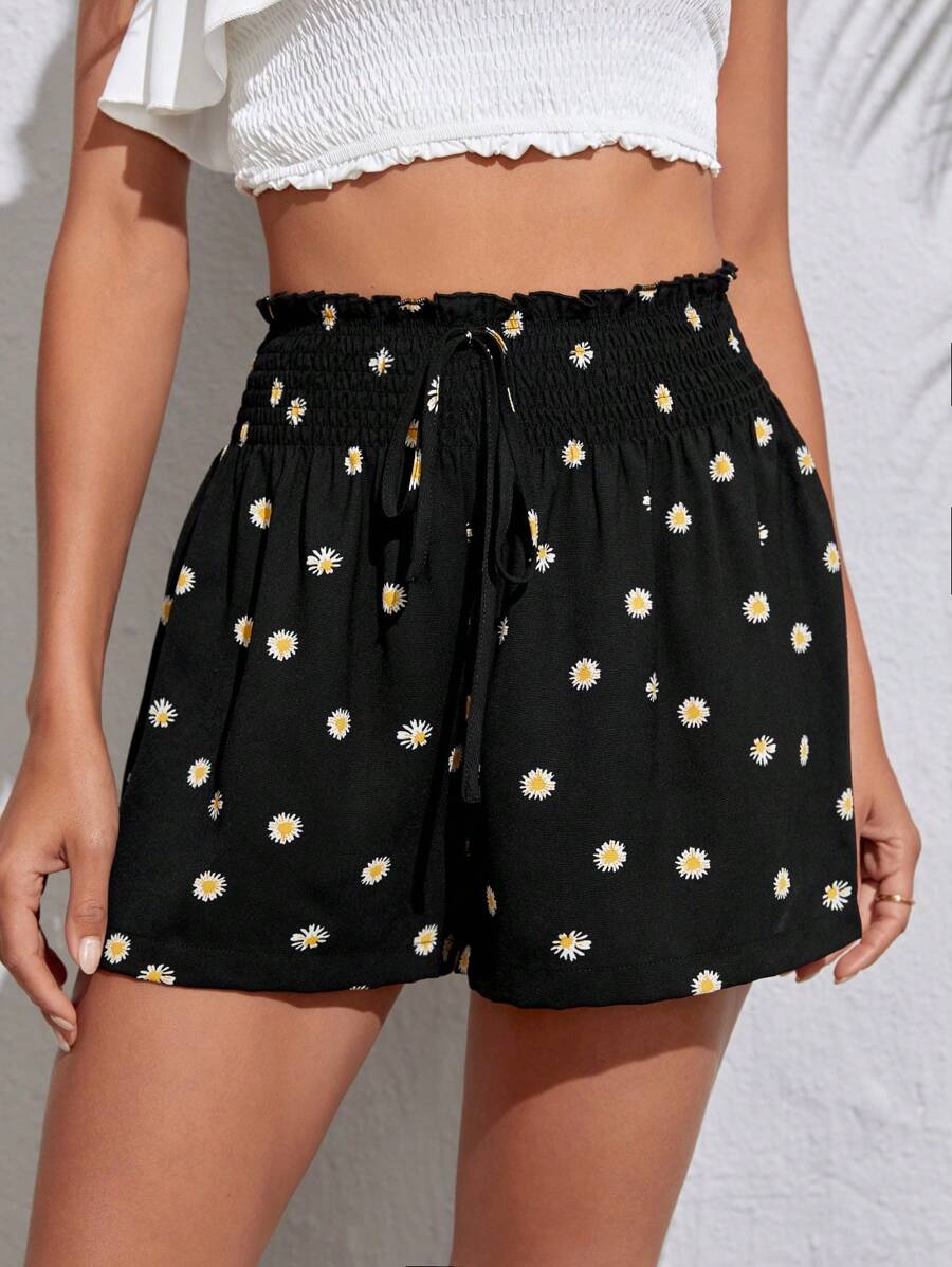 SHEIN Tall 雛菊印花紙袋腰前繫帶短褲 - 彩色 - 查看 1