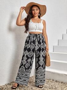 SHEIN VCAY 大碼幾何印花腰帶闊腿褲 - 黑色 - 查看 4