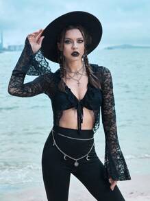 ROMWE Goth Top con cordón delantero con encaje - Negro - Ver 1