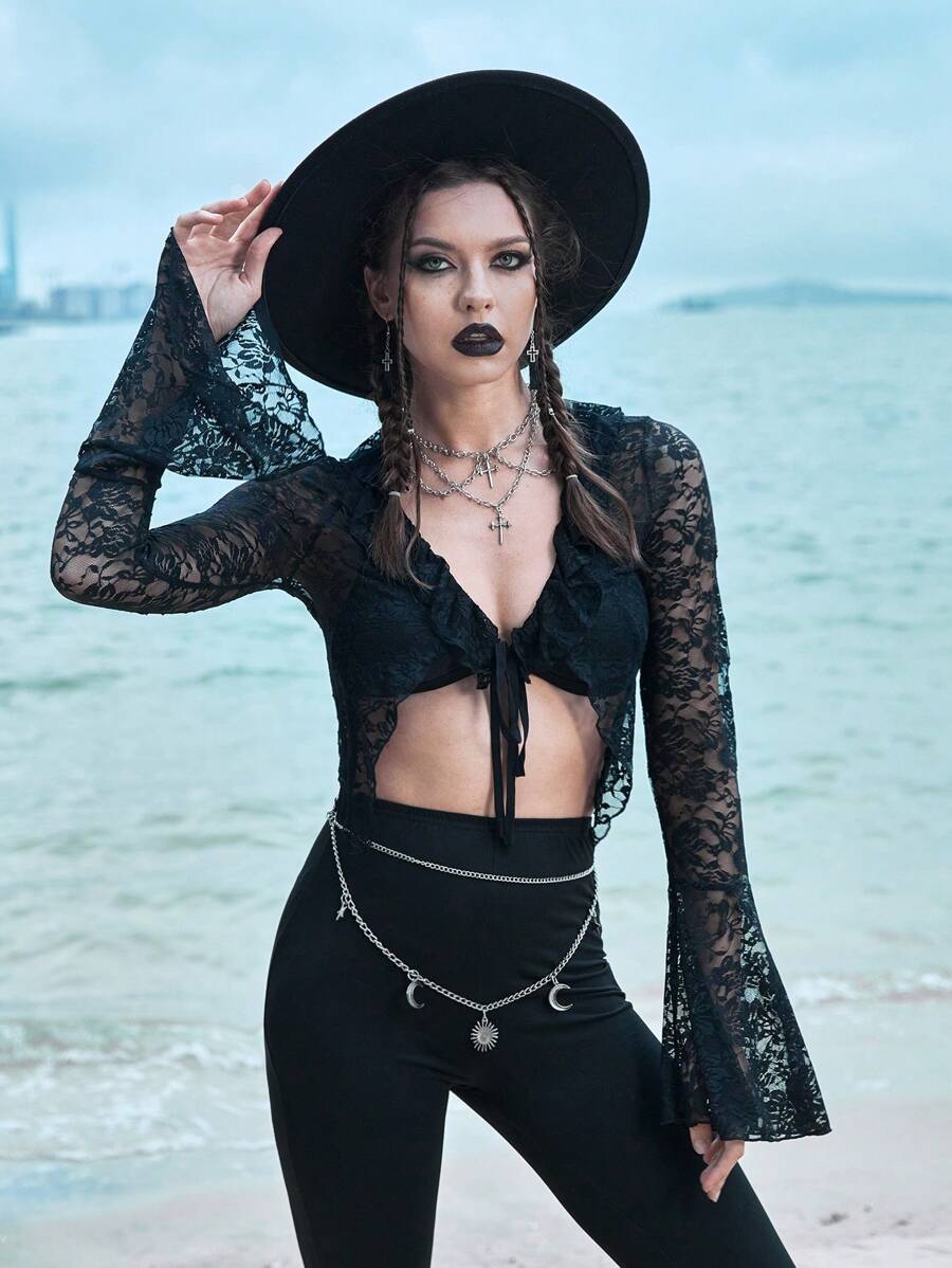 ROMWE Goth Top con cordón delantero con encaje - Negro - Ver 1