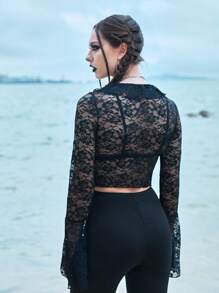 ROMWE Goth Top con cordón delantero con encaje - Negro - Ver 2