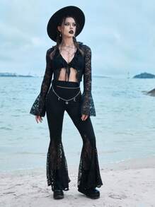 ROMWE Goth Top con cordón delantero con encaje - Negro - Ver 3