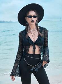 ROMWE Goth Top con cordón delantero con encaje - Negro - Ver 4