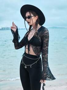 ROMWE Goth Top con cordón delantero con encaje - Negro - Ver 5