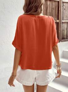 SHEIN LUNE Blusa unicolor con botón delantero de manga murciélago - Naranja Quemada - Ver 2