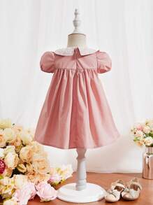 SHEIN Đầm em bé Tương phản ren Dây kéo Khối Màu - Màu Hồng  San hô - Xem 2