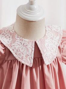 SHEIN Đầm em bé Tương phản ren Dây kéo Khối Màu - Màu Hồng  San hô - Xem 3