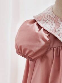 SHEIN Đầm em bé Tương phản ren Dây kéo Khối Màu - Màu Hồng  San hô - Xem 4