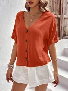 SHEIN LUNE Blusa unicolor con botón delantero de manga murciélago - Naranja Quemada - Ver 6