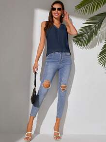 SHEIN Tall Áo sơ mi nữ màu trơn Giải trí - Màu xanh hải quân - Xem 6