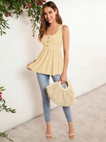 SHEIN LUNE 前紐扣網眼刺繡荷葉邊下擺背心 - 黃色 - 查看 4