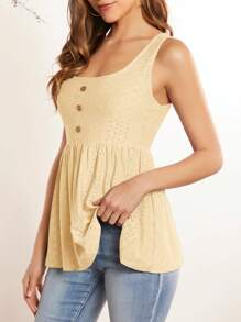 SHEIN LUNE 前紐扣網眼刺繡荷葉邊下擺背心 - 黃色 - 查看 5