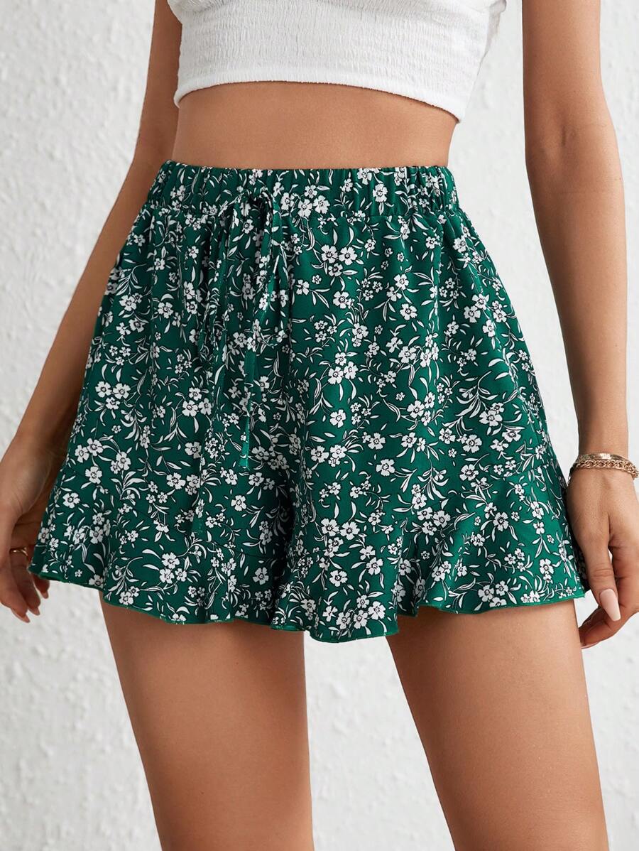 Soleia 碎花腰上打結荷葉邊短褲 - 墨綠色 - 查看 1