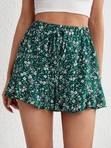 Soleia 碎花腰上打結荷葉邊短褲 - 墨綠色 - 查看 3