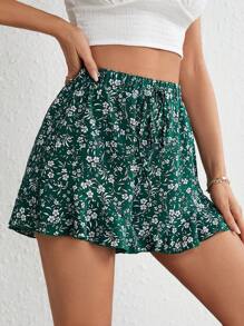 Soleia 碎花腰上打結荷葉邊短褲 - 墨綠色 - 查看 4