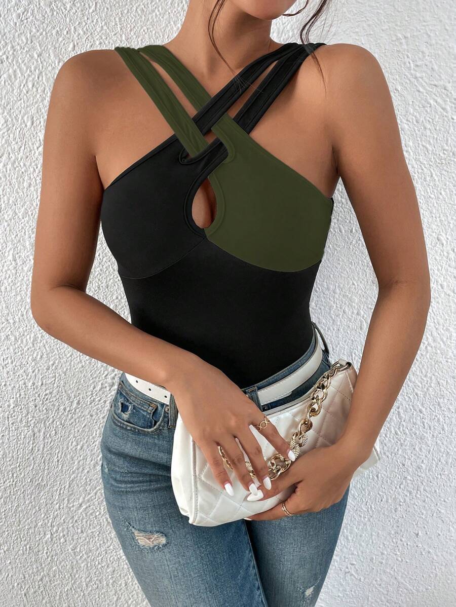 SHEIN Privé Áo khoác và áo lót dành cho xe tăng nữ Cắt ra Hội Chữ thập Khối Màu Giải trí - màu đen - Xem 1