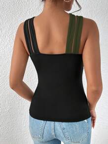 SHEIN Privé Áo khoác và áo lót dành cho xe tăng nữ Cắt ra Hội Chữ thập Khối Màu Giải trí - màu đen - Xem 2