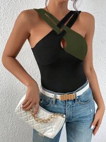 SHEIN Privé Áo khoác và áo lót dành cho xe tăng nữ Cắt ra Hội Chữ thập Khối Màu Giải trí - màu đen - Xem 3