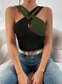 SHEIN Privé Áo khoác và áo lót dành cho xe tăng nữ Cắt ra Hội Chữ thập Khối Màu Giải trí - màu đen - Xem 4