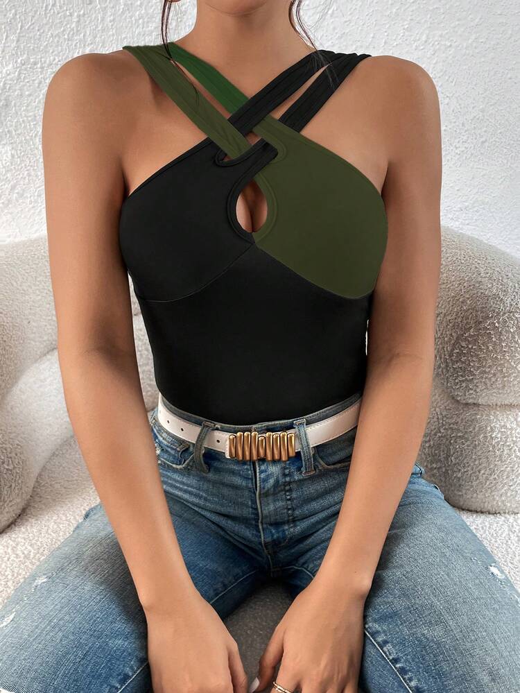 SHEIN Privé Áo khoác và áo lót dành cho xe tăng nữ Cắt ra Hội Chữ thập Khối Màu Giải trí - màu đen - Xem 4