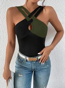 SHEIN Privé Áo khoác và áo lót dành cho xe tăng nữ Cắt ra Hội Chữ thập Khối Màu Giải trí - màu đen - Xem 5