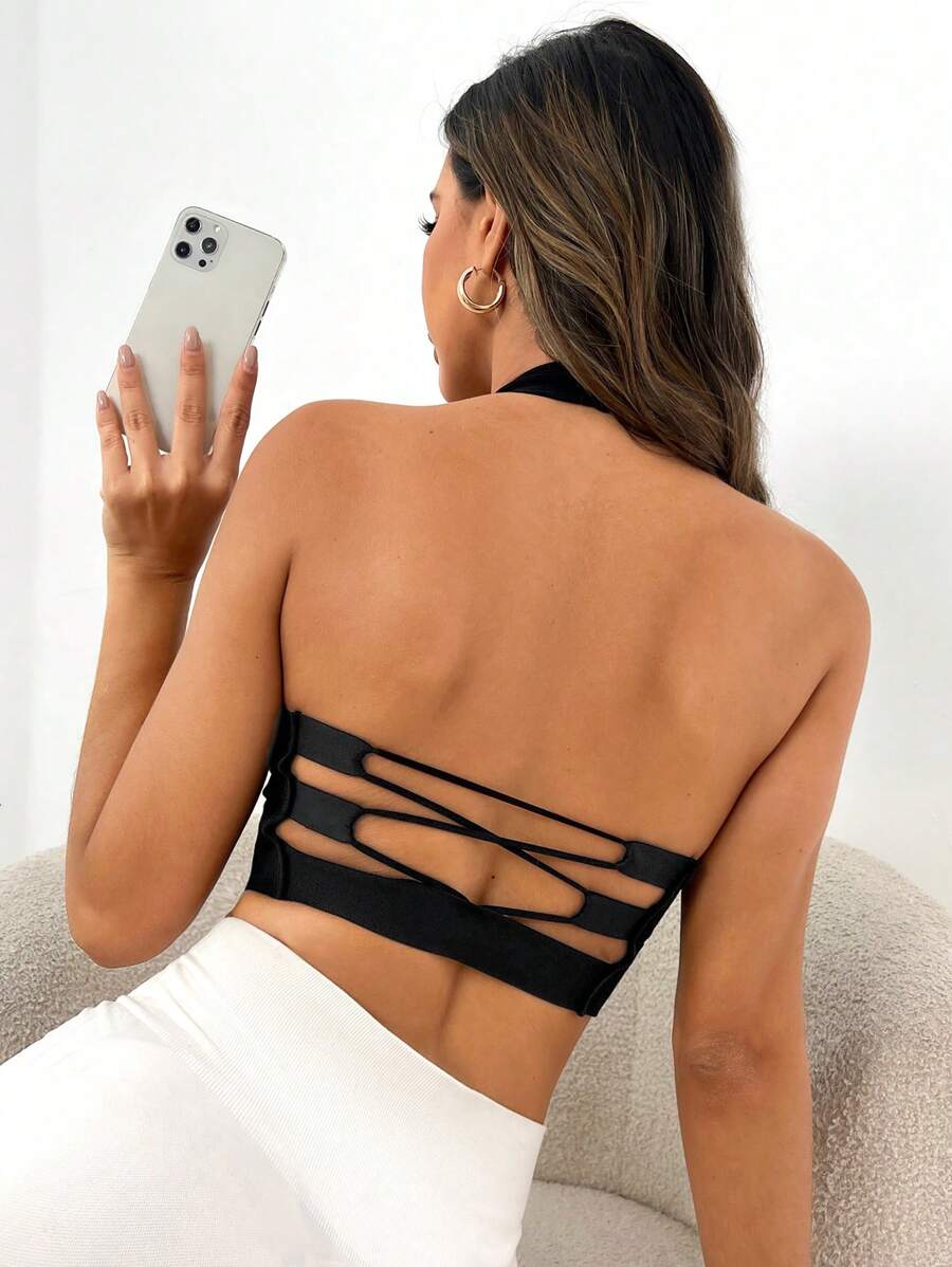 Easithlete Áo lót thể thao Nữ Lộ Lưng Hội Chữ thập Cắt ra màu trơn - màu đen - Xem 1