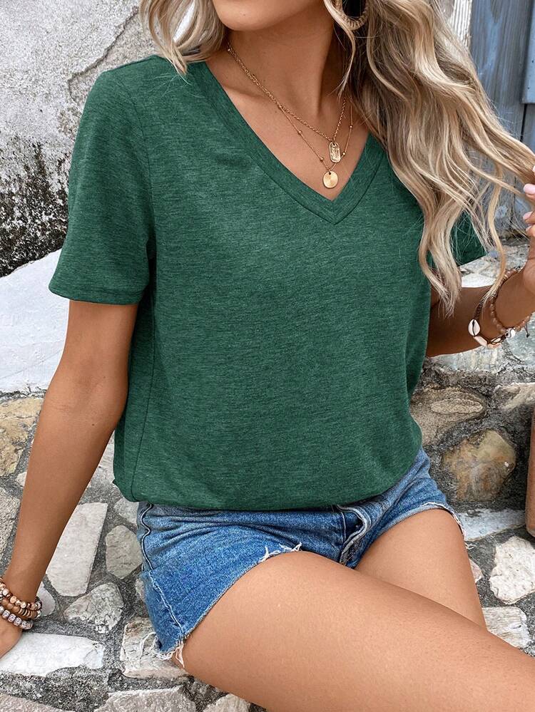 Summer Women's Solid Color V-Neck Short Sleeve T-Shirt