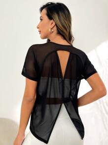 Gameset SHEIN Sport Áo thun thể thao hở lưng khoét sâu không áo ngực cơ bản dành cho nữ tập gym - màu đen - Xem 1