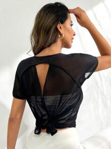 Gameset SHEIN Sport Áo thun thể thao hở lưng khoét sâu không áo ngực cơ bản dành cho nữ tập gym - màu đen - Xem 5