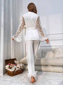 Snug Zone Appliques Flounce Sleeve Belted PJ Set / White Pajama Set, Fall Clothes - White - View 2