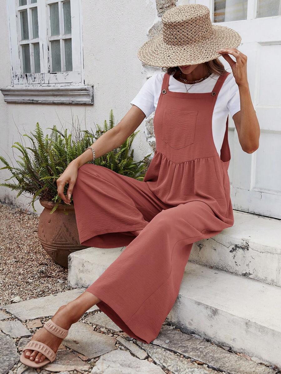 SHEIN LUNE Solid Wide Leg Overall Jumpsuit Without Tee - Redwood - View 1