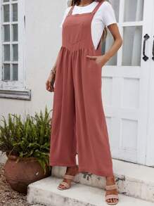 SHEIN LUNE Solid Wide Leg Overall Jumpsuit Without Tee - Redwood - View 4