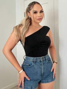SHEIN SXY One Shoulder Solid Bodysuit - Black - View 4